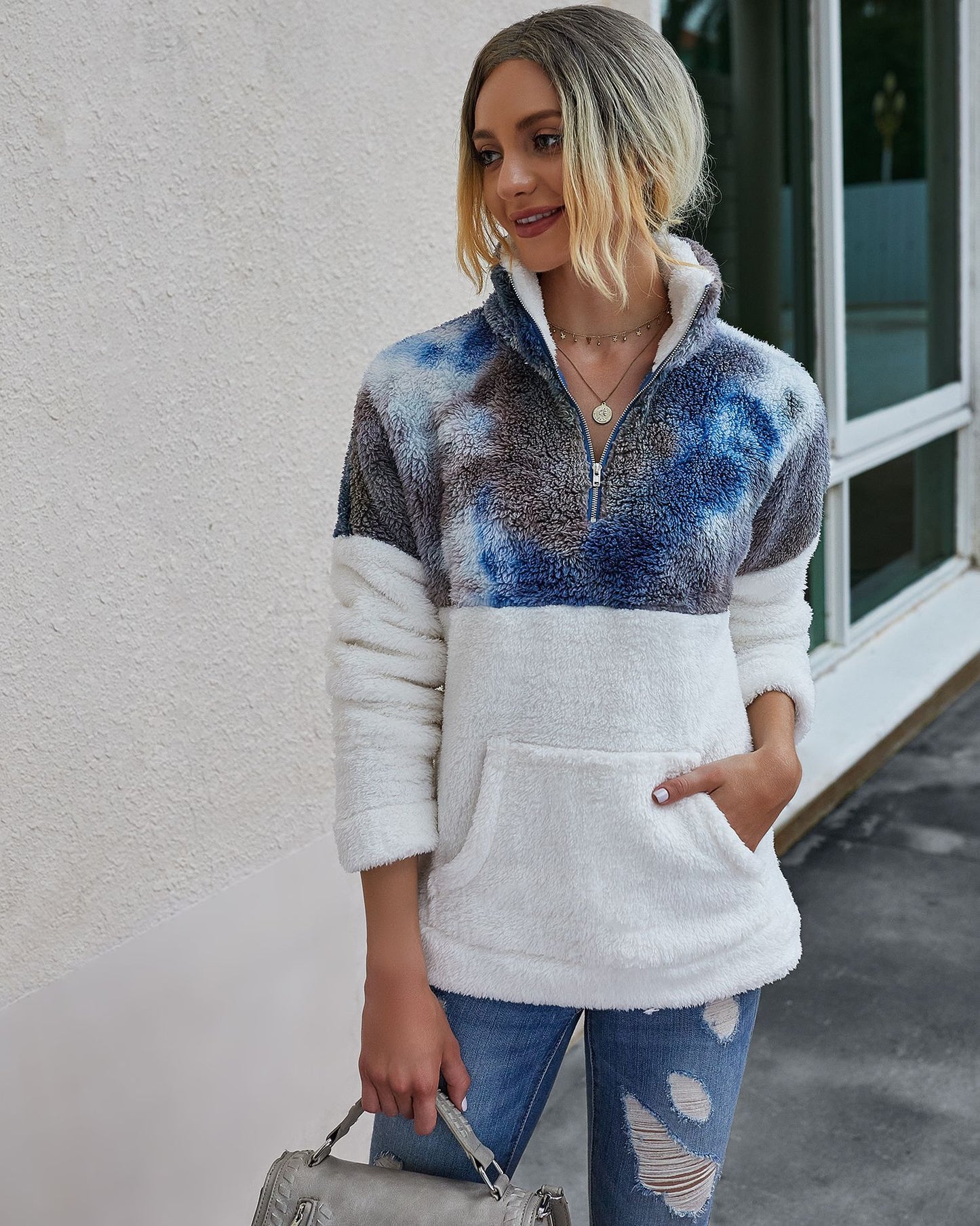 DyeHaze women's tie-dye splicing plush hoodie – product photo 6