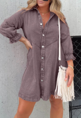 DenimMuse™ Washed Denim Lantern Sleeve Dress