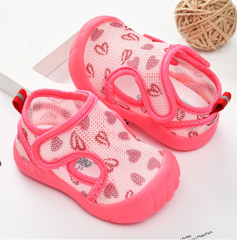 BreezyStep baby mesh first-walker shoes in Pink Hearts – heart-print mesh with watermelon pink sole