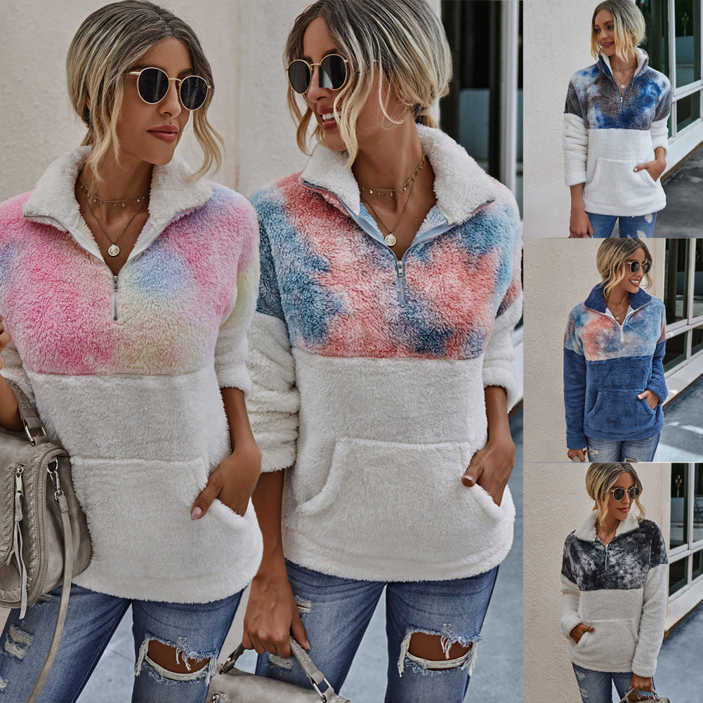 DyeHaze women's tie-dye splicing plush hoodie – product photo 1