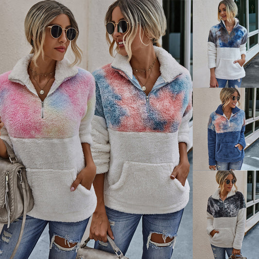 DyeHaze women's tie-dye splicing plush hoodie – product photo 1