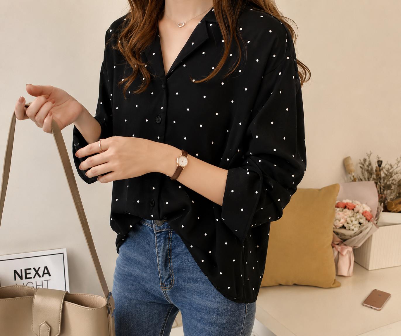 Women's Polka Dot Chiffon Button-Up Blouse