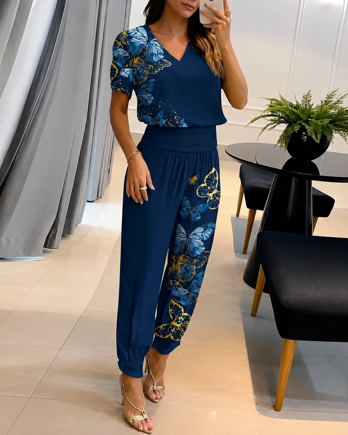 Women's Printed V-Neck Two-Piece Pants Set