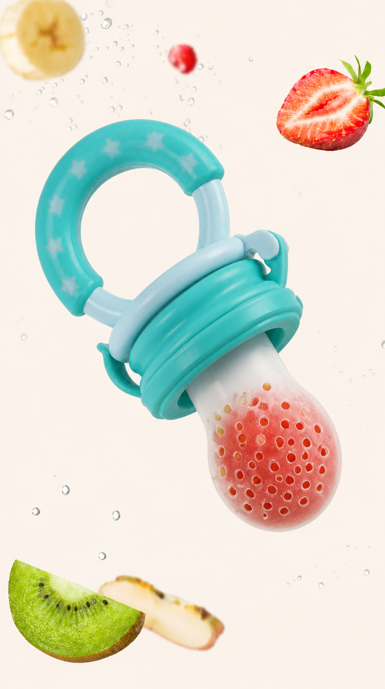 NibblePop feeder OPEN – cap removed, exposed silicone sack with watermelon (AI render reference)