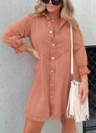 DenimMuse™ Washed Denim Lantern Sleeve Dress