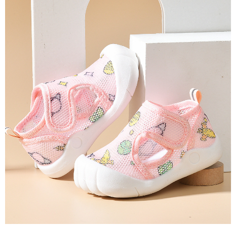 BreezyStep baby mesh first-walker shoes in Soft Pink – butterfly-print mesh with white sole