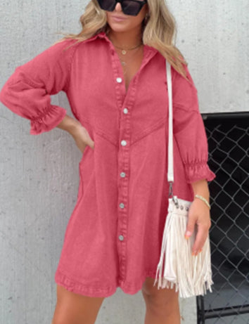 DenimMuse™ Washed Denim Lantern Sleeve Dress