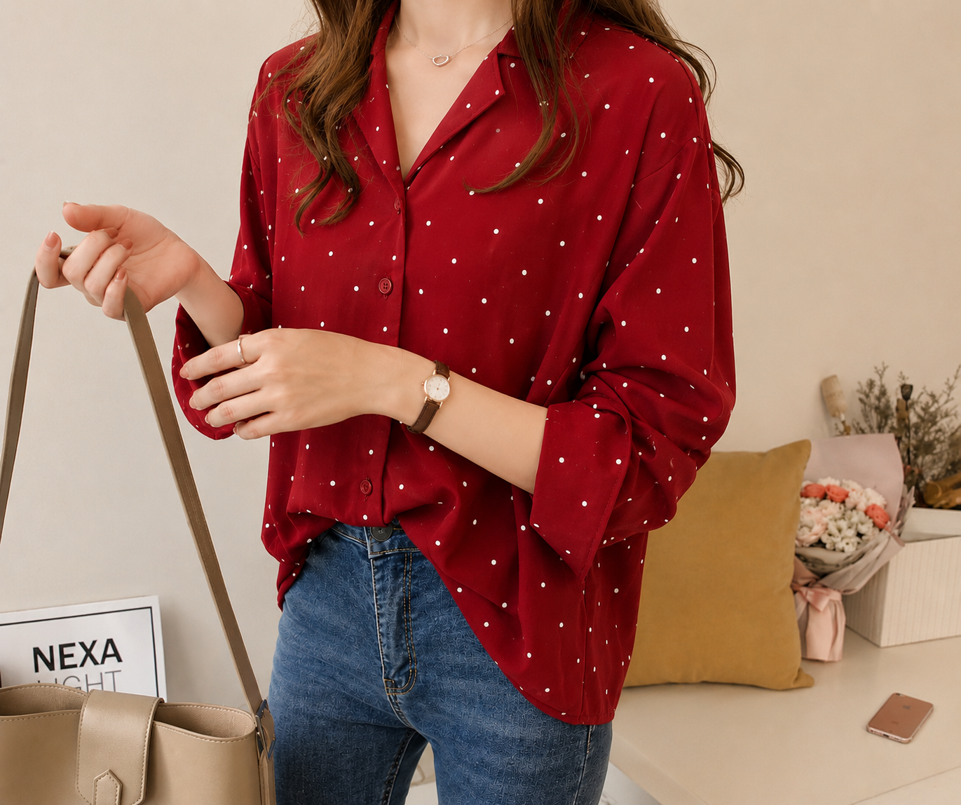 Women's Polka Dot Chiffon Button-Up Blouse