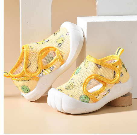 BreezyStep baby mesh first-walker shoes in Sunny Yellow – fruit-print mesh with white sole